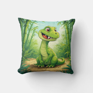 Adorable Cartoon Dinosaur in Lush Green Jungle Cushion