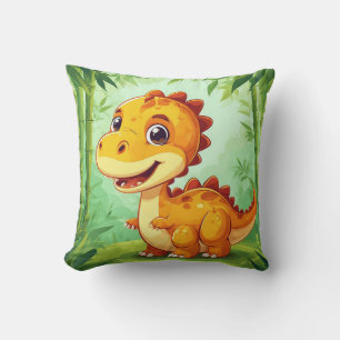 Adorable Cartoon Dinosaur in Lush Green Jungle Cushion
