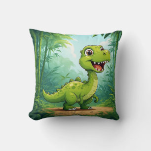 Adorable Cartoon Dinosaur in Lush Green Jungle Cushion