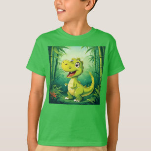 Adorable Cartoon Dinosaur in Lush Green Jungle T-Shirt