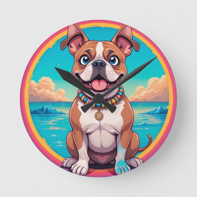 Adorable Cartoon Dog Illustration Round Clock (Front)