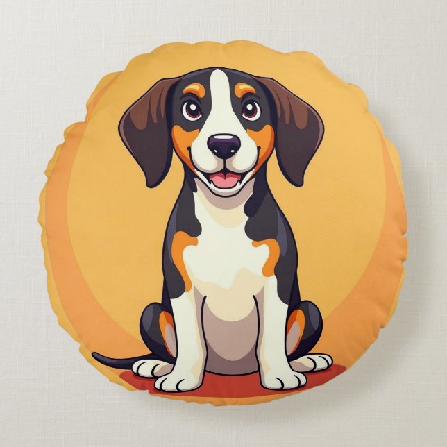 Adorable Cartoon Dog Illustration Round Cushion (Front)
