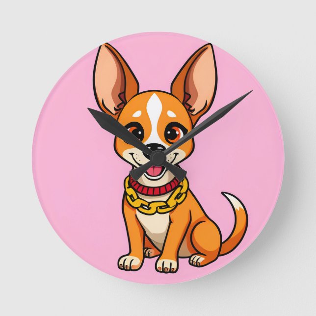 Adorable Cartoon Dog Smiling Cheerfully Round Clock (Front)