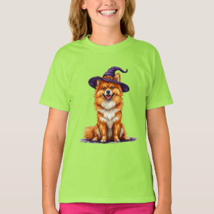 Adorable Cartoon Dog Wearing a Witch Hat T-Shirt