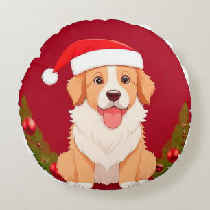 Adorable Cartoon Dog Wearing santa hat Round Cushion