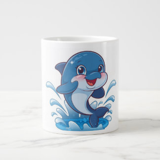 "Adorable Cartoon Dolphin Splashing in Joy" Large Coffee Mug