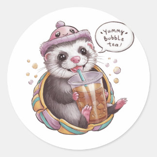 Adorable Cartoon Domestic Ferret: Cozy, Kawaii Vib Classic Round Sticker