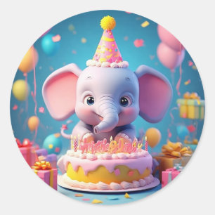 Adorable Cartoon Elephant Celebrating Birthday Classic Round Sticker