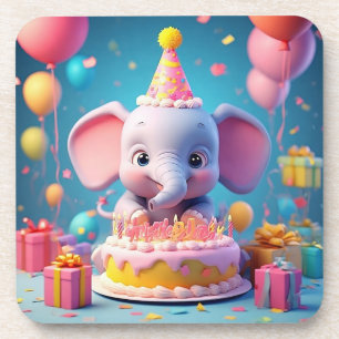 Adorable Cartoon Elephant Celebrating Birthday Coaster