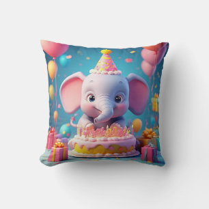 Adorable Cartoon Elephant Celebrating Birthday Cushion