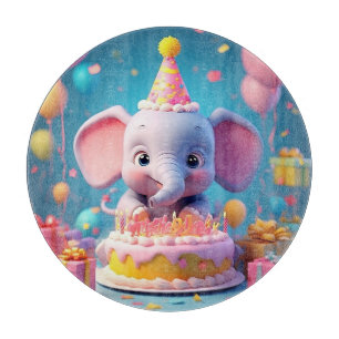 Adorable Cartoon Elephant Celebrating Birthday Cutting Board