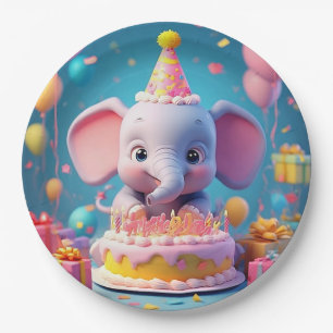 Adorable Cartoon Elephant Celebrating Birthday Paper Plate