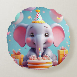 Adorable Cartoon Elephant Celebrating Birthday Round Cushion