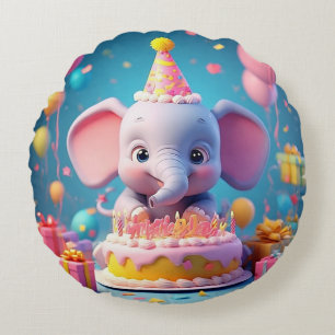 Adorable Cartoon Elephant Celebrating Birthday Round Cushion