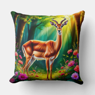 Adorable Cartoon Fawn by Vibrant Flowers Cushion