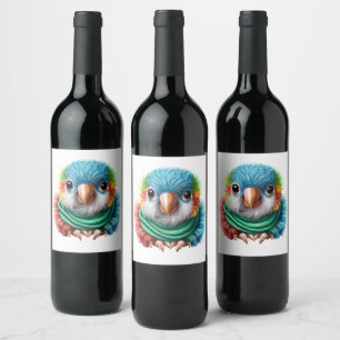 Adorable Cartoon Fluffy Happy Baby Parrot   Wine Label