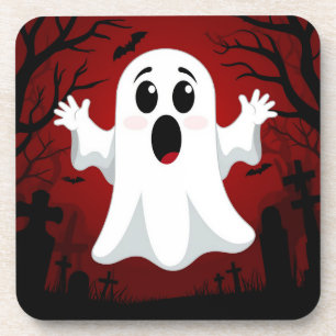 Adorable Cartoon Ghost in Spooky Halloween Coaster