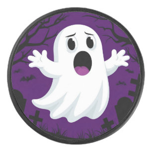 Adorable Cartoon Ghost in Spooky Halloween Hockey Puck
