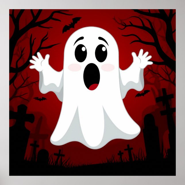 Adorable Cartoon Ghost in Spooky Halloween Poster (Front)
