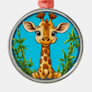 Adorable Cartoon Giraffe With Bamboo Metal Tree Decoration