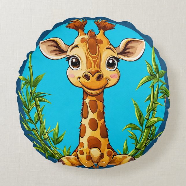 Adorable Cartoon Giraffe With Bamboo Round Cushion (Front)