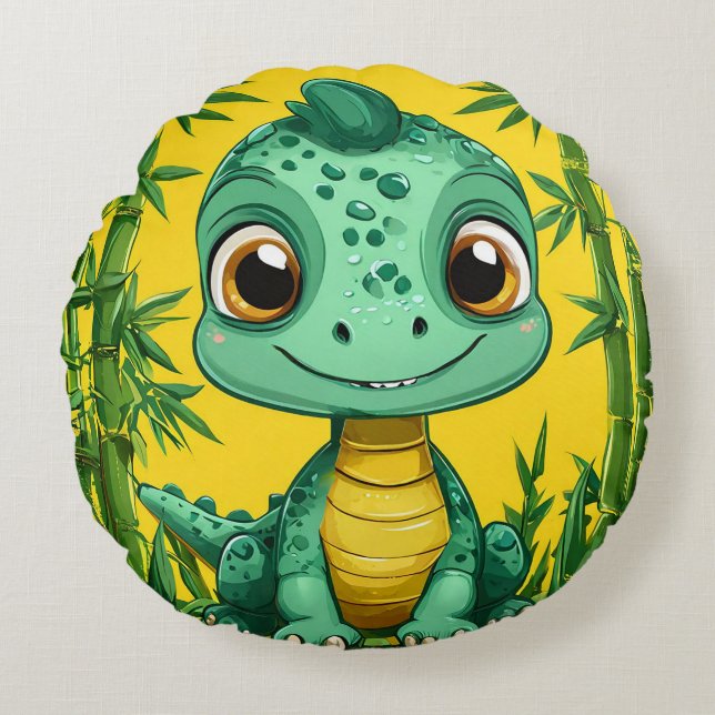 Adorable Cartoon Green Dinosaur Round Cushion (Front)