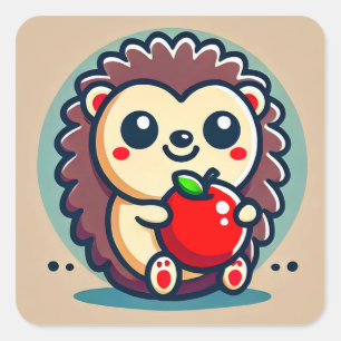Adorable Cartoon Hedgehog Holding a Red Apple Square Sticker