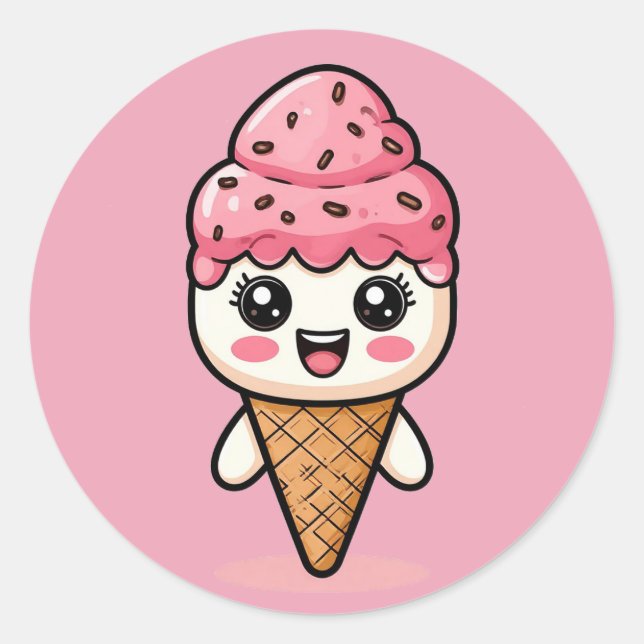 Adorable Cartoon Ice Cream Cone Classic Round Sticker (Front)