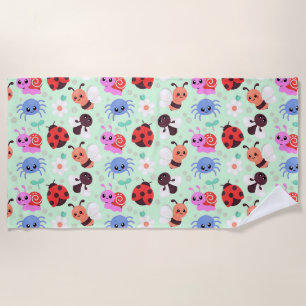 Adorable Cartoon Insects and Flowers Beach Towel