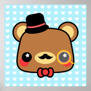 Adorable Cartoon Kawaii Bear Moustache Poster