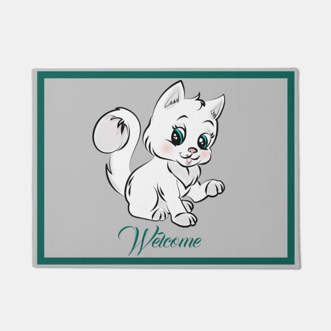 Adorable Cartoon Kitten Cat Personalise Welcome Doormat (Front)