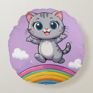 Adorable Cartoon Kitten Jumping Joyfully Round Cushion