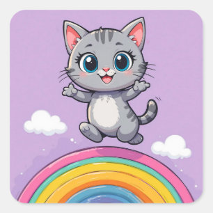 Adorable Cartoon Kitten Jumping Joyfully Square Sticker