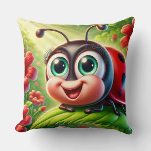 Adorable Cartoon Ladybug in a Vibrant Garden Cushion