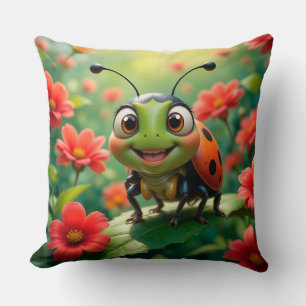 Adorable Cartoon Ladybug on a Leaf Cushion