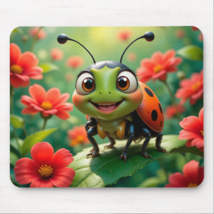 Adorable Cartoon Ladybug on a Leaf Mouse Mat