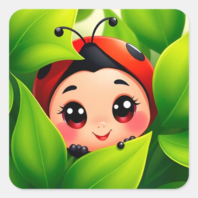 Adorable Cartoon Ladybug Square Sticker (Front)