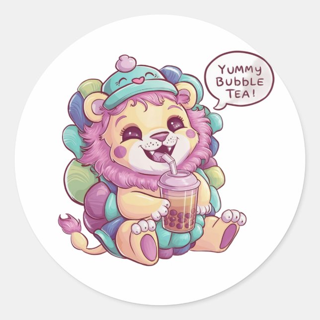 Adorable Cartoon Lion: Cozy, Kawaii Vibes Classic Round Sticker (Front)