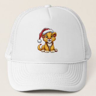 Adorable Cartoon Lion Cub Wearing a Santa Hat