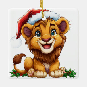 Adorable Cartoon Lion Cub Wearing a Santa Hat Ceramic Ornament