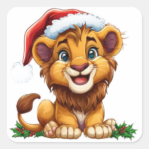 Adorable Cartoon Lion Cub Wearing a Santa Hat Square Sticker