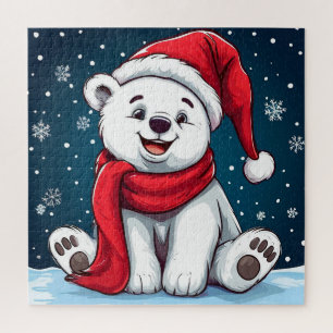 Adorable Cartoon Polar Bear in Santa Hat Jigsaw Puzzle