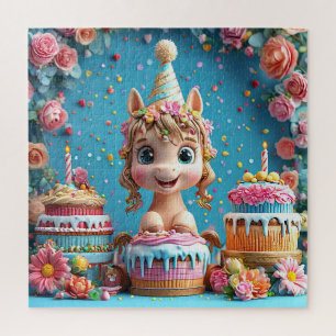 Adorable Cartoon Pony Celebrating Birthday Jigsaw Puzzle