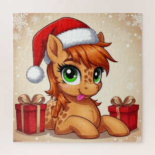 Adorable Cartoon Pony in Santa Hat Jigsaw Puzzle