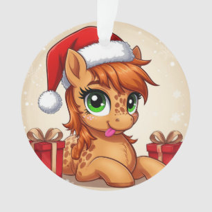 Adorable Cartoon Pony in Santa Hat Ornament