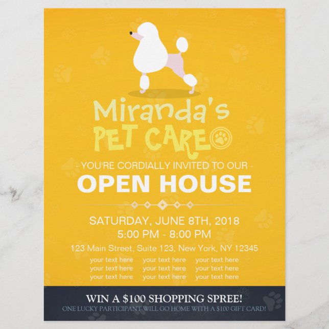 Adorable Cartoon Poodle Dog Pet Shop Open House Flyer (Front)