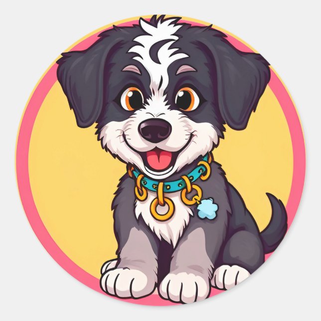 Adorable Cartoon Puppy Classic Round Sticker (Front)
