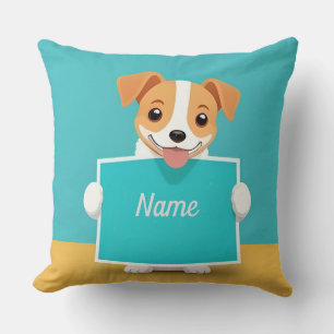 Adorable Cartoon Puppy Holding a Blank Sign Cushion