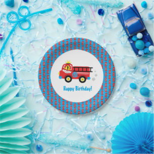 Adorable Cartoon Red Fire Truck Smiling Fireman Paper Plate