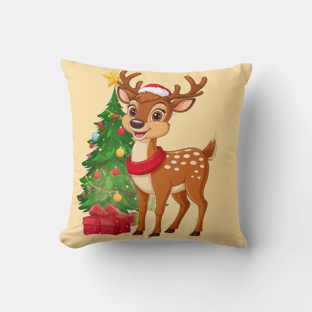 Adorable Cartoon Reindeer in Santa Hat Cushion (Front)